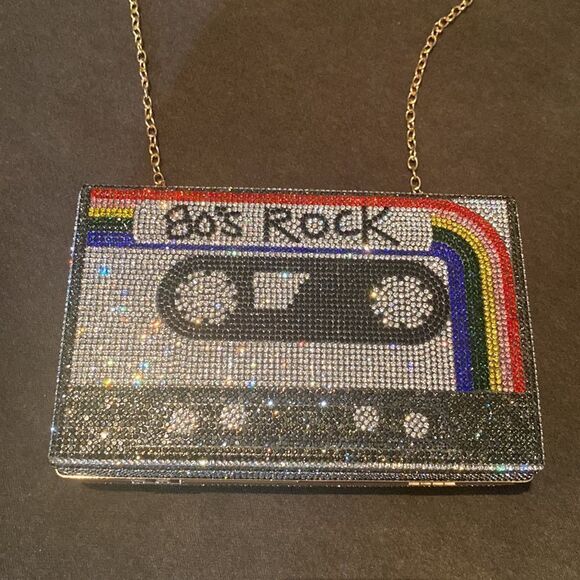 Women’s Sparkly Cassette Tape Shaped Clutch Purse Bag DifferentLength Chains NWT - Picture 1 of 13